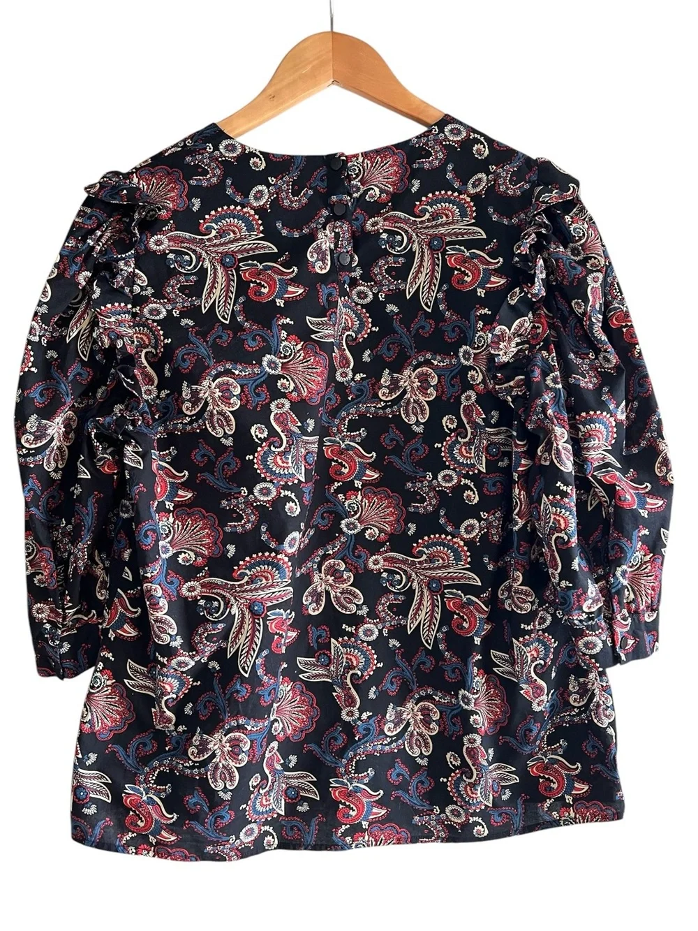 ba&sh Rym Black Paisley Puff-Sleeve ruffled blouse size L excellent condition - Picture 9 of 16